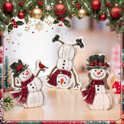 Christmas Snowman Centerpiece Set - Rustic Wooden Holiday Decor, 3 Pieces