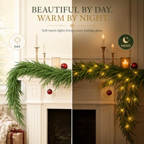 9FT Christmas Norfolk Pine Garland with 20 LED Lights - Real Touch Greenery, Battery Powered