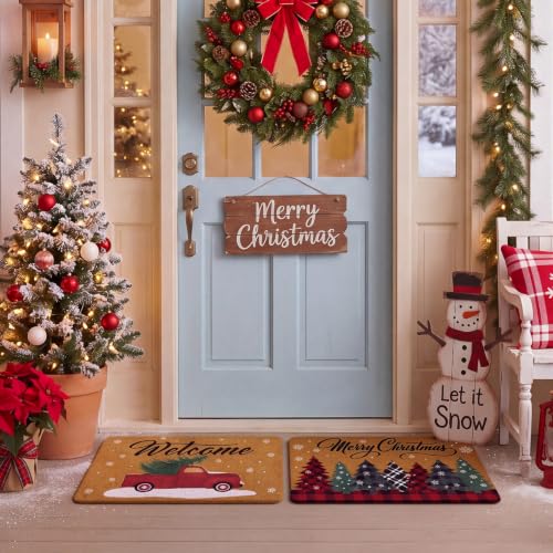 Christmas Coir Door Mat - 2 Pcs Holiday Welcome Doormats with Rustic & Plaid Designs - Variation 3
