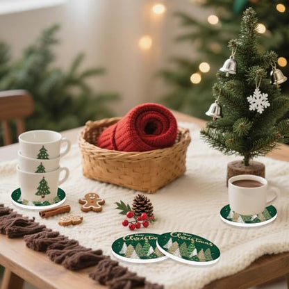 Christmas Ceramic Coasters Green Gold Xmas Tree Drink Coasters Set - Holiday Home Decor