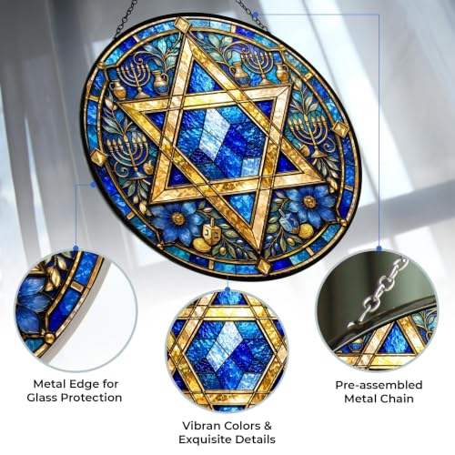 Star of David Hanukkah Suncatcher - Stained Glass Panel 11.8" - UV-Printed, Vibrant Decor