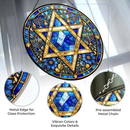 Star of David Hanukkah Suncatcher - Stained Glass Panel 11.8" - UV-Printed, Vibrant Decor