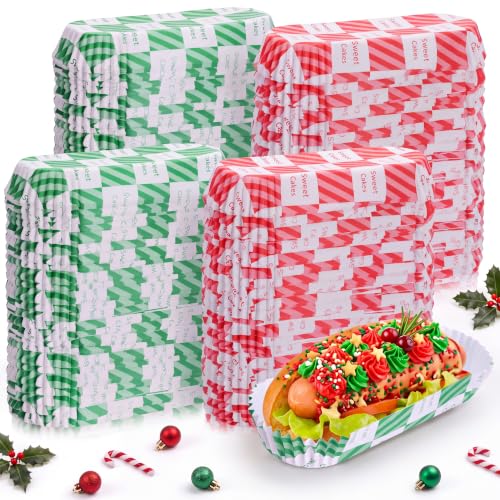 Green Red Checkered 6 Inch Paper Hot Dog Trays, 300 Pcs - Disposable Food Serving Trays