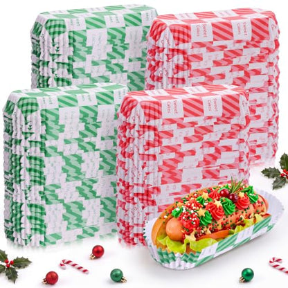 Green Red Checkered 6 Inch Paper Hot Dog Trays, 300 Pcs - Disposable Food Serving Trays