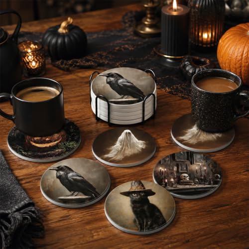 Halloween Ceramic Coasters Set with Stand - Gothic Dark Style, 6 Pieces