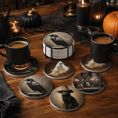 Halloween Ceramic Coasters Set with Stand - Gothic Dark Style, 6 Pieces