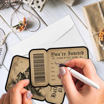 Gothic Castle Halloween Invitation Set with Envelopes and Stickers - 15 Cards