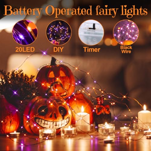 Halloween Fairy Lights with Timer - Orange & Purple Battery-Operated Mini String Lights