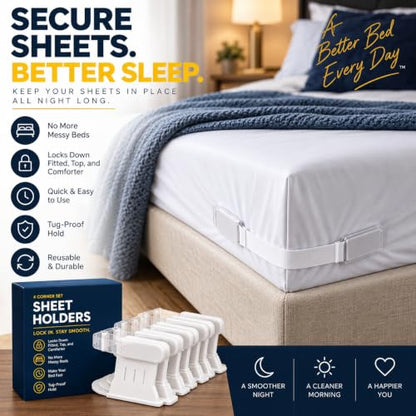 Heavy Duty Bed Sheet Corner Clips - 4-Pack Fitted Sheet Holders with Snap-Lock Grippers
