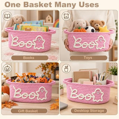 Pink Halloween Boo Basket with Handles - 2 Pack Ghost Gift Baskets for Women