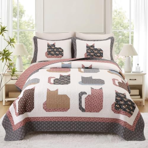 Cotton Quilt Set Full Queen Size with Cat Patchwork Design - Breathable & Reversible