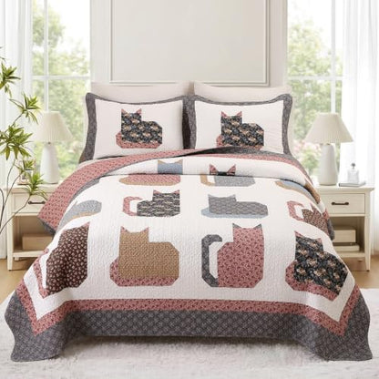 Cotton Quilt Set Full Queen Size with Cat Patchwork Design - Breathable & Reversible