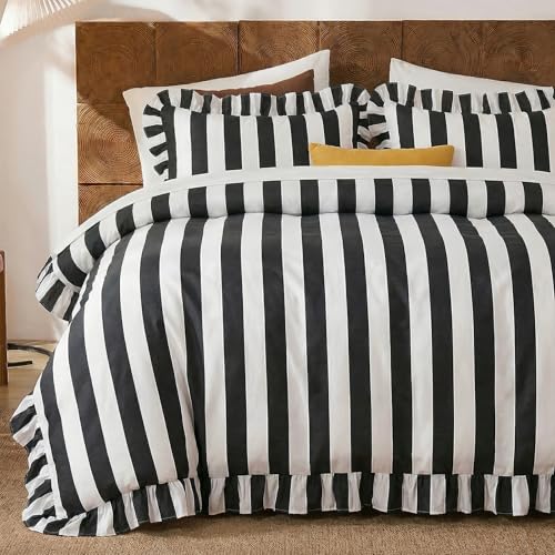 King Size Cotton Comforter Set Black & White Wide Stripes Ruffled Edges - All Seasons