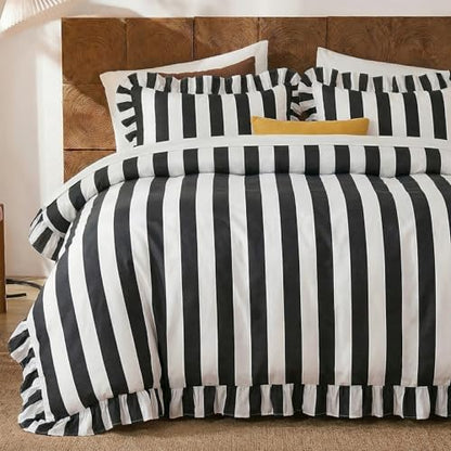King Size Cotton Comforter Set Black & White Wide Stripes Ruffled Edges - All Seasons