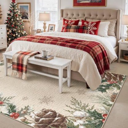 Christmas Decor Beige 6x9 Area Rug - Textured Holiday Farmhouse Style