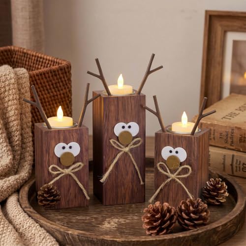 Set of 3 Rustic Wooden Reindeer Candle Holders for Christmas Decor