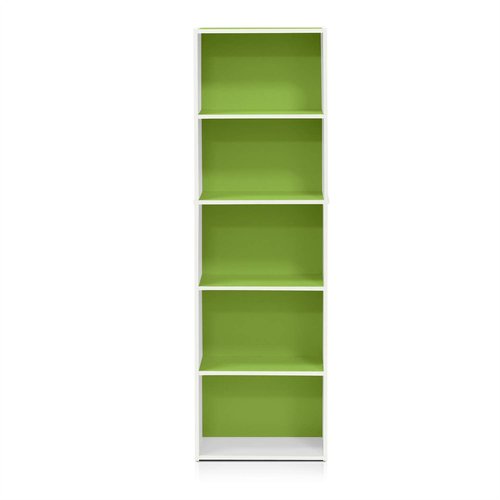 Furinno LUDER Book Shelf, 5-Tier Bookshelf, Bookcase with Open Shelves, 9.4 x 15.8 x 52, Easy Assembly, for Living Room, Bedroom, Home Office, White/Green