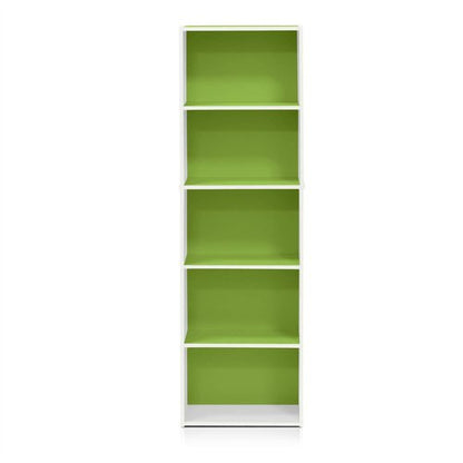 Furinno LUDER Book Shelf, 5-Tier Bookshelf, Bookcase with Open Shelves, 9.4 x 15.8 x 52, Easy Assembly, for Living Room, Bedroom, Home Office, White/Green