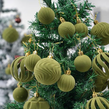 Velvet Christmas Ornaments Set 48pcs Green Shatterproof Holiday Decorations