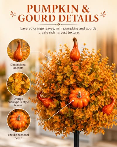 2pcs Artificial Fall Pumpkin Tree Stakes 22 Inch Orange Topiary with Eucalyptus