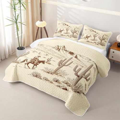 Full Size Manfei Western Cowboy Quilt Set with Pillow Shams - White Brown Vintage Bedspread