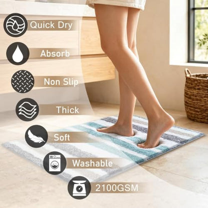 Aqua Beige Gray Striped Bathroom Rug 24x17 Microfiber Non-Slip Multi Color Variation of THIS Listing