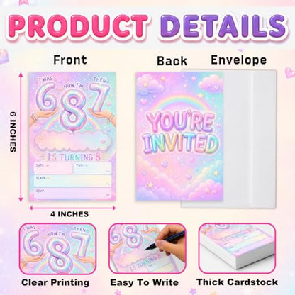 8th Birthday Invitations Rainbow Balloon Party Invites Pink - Pastel Rainbow Variation