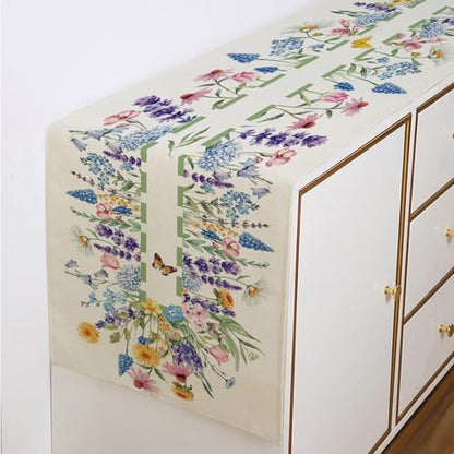 Spring Floral Linen Table Runner - Calendula & Lavender Farmhouse Decor, 13x72 Inch - Spring Home & Party Decoration - Variation of SpringB / 13x72 Inch