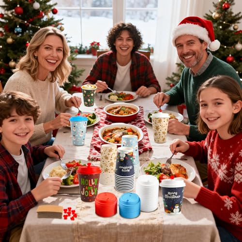 50 Pack Christmas Disposable Coffee Cups with Lids & Sleeves - 12 Oz Vintage Xmas Paper Cups for Hot & Cold Drinks