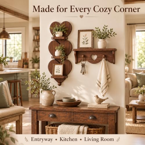 Wooden Heart Wall Shelf Set with Hooks and 3-Tier Display for Bedroom Entryway