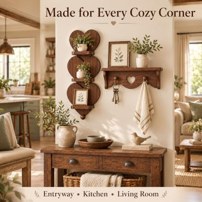 Wooden Heart Wall Shelf Set with Hooks and 3-Tier Display for Bedroom Entryway