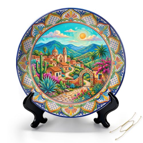 10-Inch Colorful Ceramic Decorative Plate with Stand & Wall Hook - Mexican Village Landscape