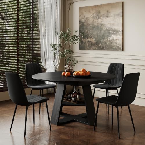 Black Extendable Round Dining Table Set for 4 - 43.3-59 Inch with Upholstered Chairs