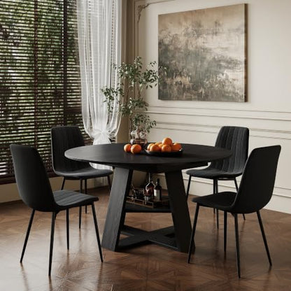 Black Extendable Round Dining Table Set for 4 - 43.3-59 Inch with Upholstered Chairs