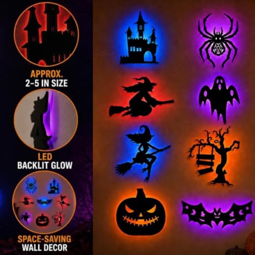 Halloween LED Silhouette Wall Decor Lights 32PCS Spooky Bat Ghost Pumpkin