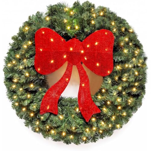 Large Artificial Christmas Wreath 30 Inch with 130 LED Lights and Red Bow - Indoor Outdoor Holiday Decor