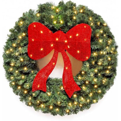 Large Artificial Christmas Wreath 30 Inch with 130 LED Lights and Red Bow - Indoor Outdoor Holiday Decor