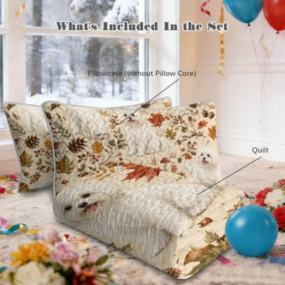 BlessLiving Maple Maltese Quilt Set - All-Season Microfiber Bedding, Full/Queen
