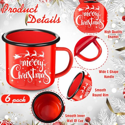 Christmas Enamel Coffee Mug Set of 6 - Let It Snow Red Holiday Cups