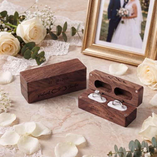 Personalized Wedding Ring Box - Engraved Wooden 2 Slot Ring Holder - Slim Rectangle