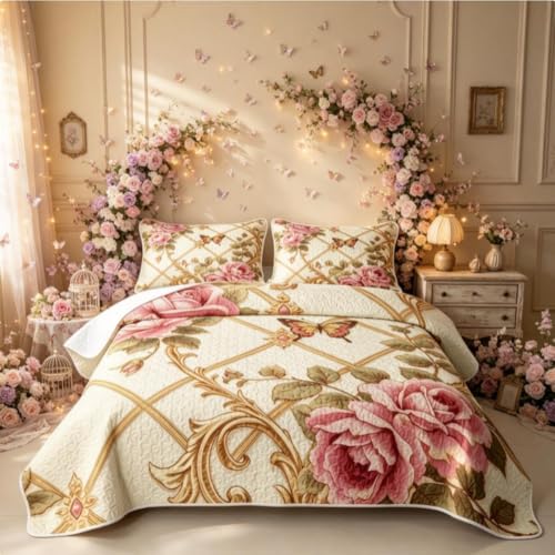 Erosebridal Rose Quilt King - Gold, Large Bed Size, All-Season Lightweight Bedding