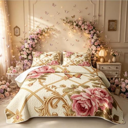 Erosebridal Rose Quilt King - Gold, Large Bed Size, All-Season Lightweight Bedding