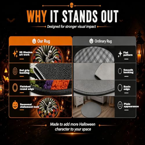 3D Halloween Rug with Skull Variation - Ghost Skeleton Vortex Optical Illusion, Candy Corn Design, Non-Slip, 24 Inch