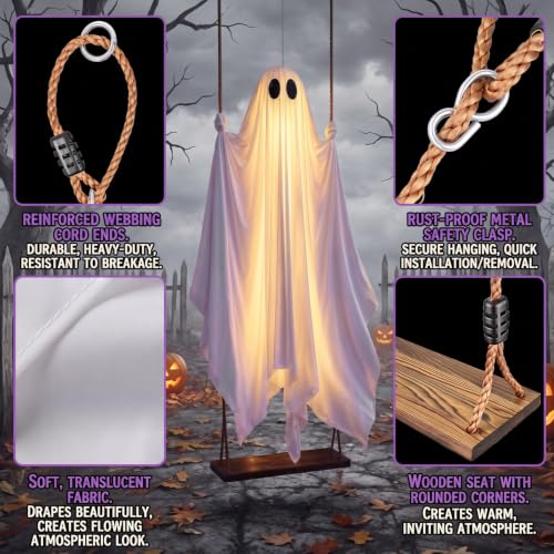 White 5FT Swinging Ghost Halloween Outdoor Decor with Light & Timer