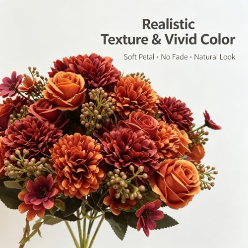 Artificial Fall Flowers Bouquet - Orange Red Silk Faux Arrangement, 8 Pack Variation