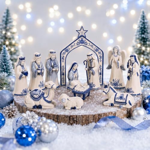 Chinoiserie Blue and White Wooden Nativity Set - 13 Pieces Mini Manger Decor
