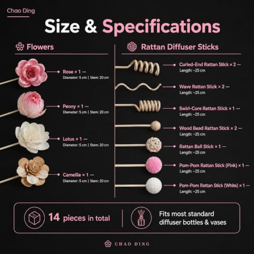 Reed Diffuser Sticks Set with Sola Wood Flowers & Rattan Refill - Unscented