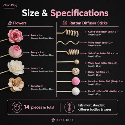Reed Diffuser Sticks Set with Sola Wood Flowers & Rattan Refill - Unscented