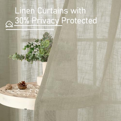 Linen Sheer Curtains 34x63 Inch Set - Oatmeal Textured Window Drapes with Grommets