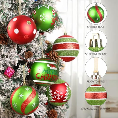 Lanpn 6 Pack 4-Inch Large Outdoor Christmas Ornaments - Red & Green Glitter String Ball Decorations for Yard & Holiday Party - Style B